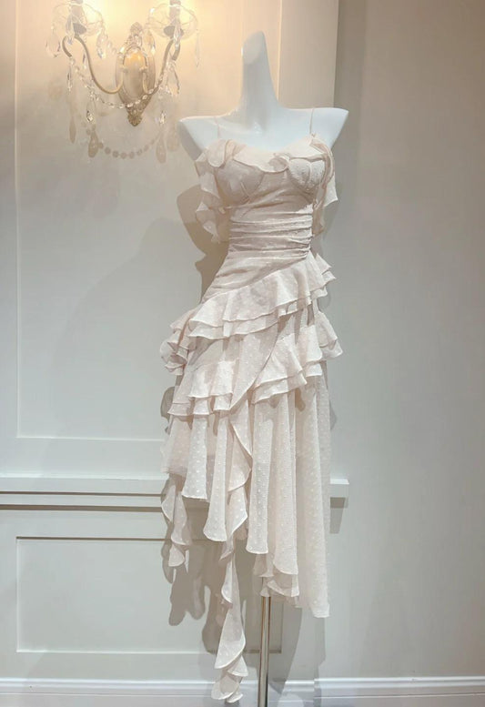 Glam Light Apricot Spaghetti Straps Chiffon Polka Dots Ruffles A-line Party Dress ED02529