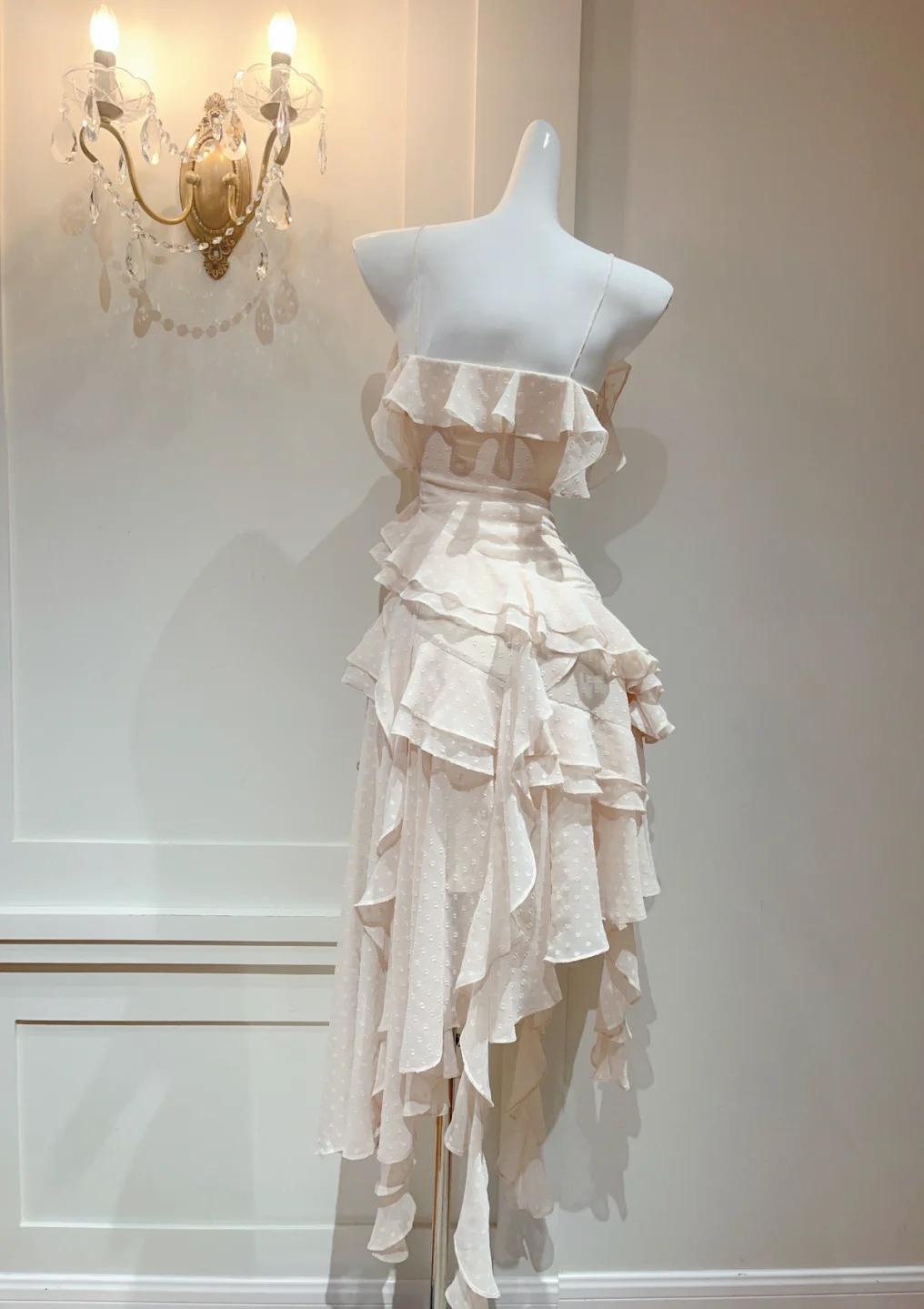 Glam Light Apricot Spaghetti Straps Chiffon Polka Dots Ruffles A-line Party Dress ED02529