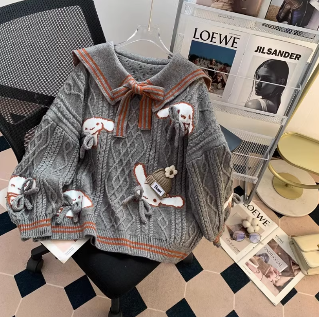 Navy collar preppy bow sweater ED0252