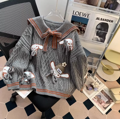 Navy collar preppy bow sweater ED0252