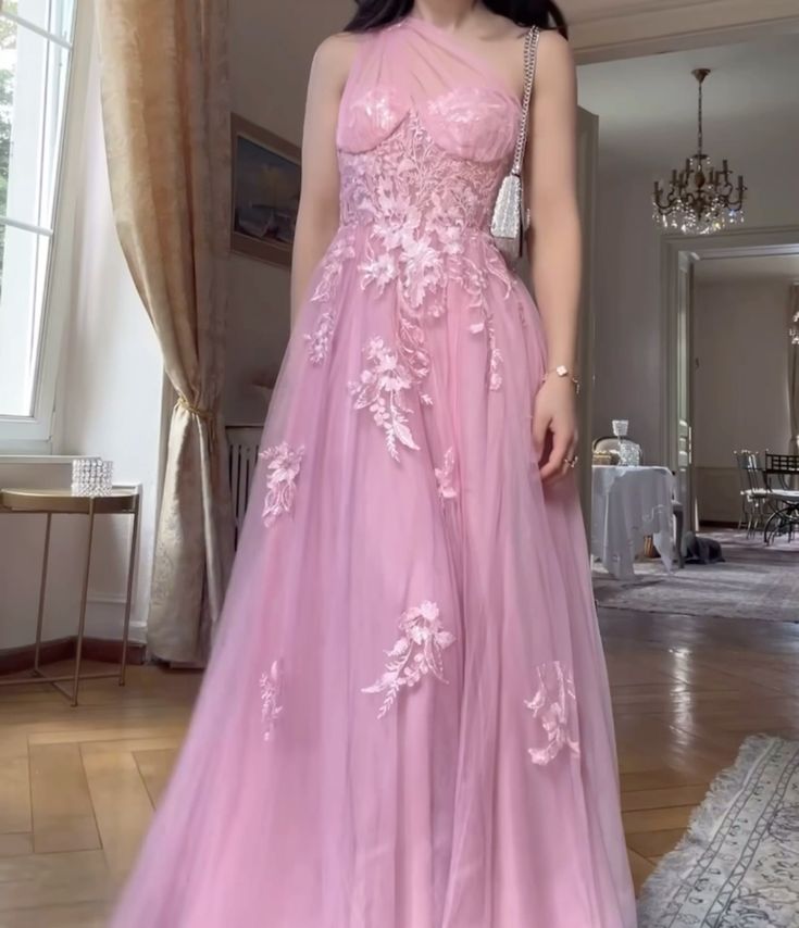 Elegant Pink One Shoulder A-Line Tulle Applique Long Prom Dresses Formal Evening Gowns ED02532