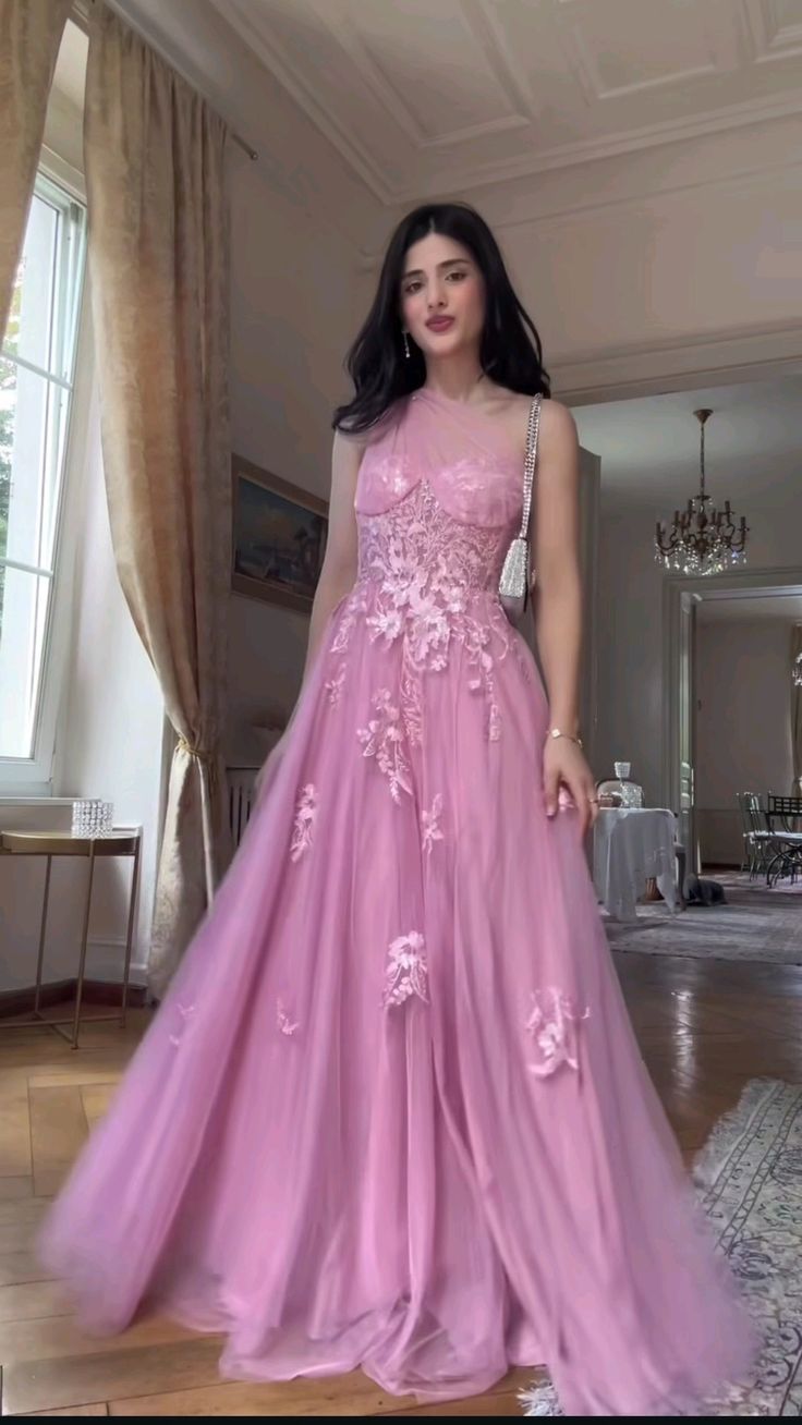 Elegant Pink One Shoulder A-Line Tulle Applique Long Prom Dresses Formal Evening Gowns ED02532