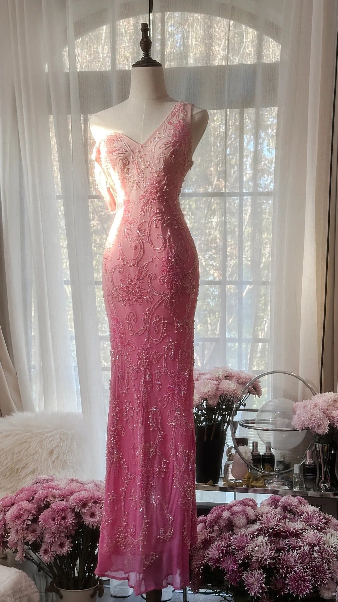 Gorgeous Gradient Pink Mermaid V Neck Chiffon Beading Long Prom Dresses Vintage Formal Evening Gowns ED02533