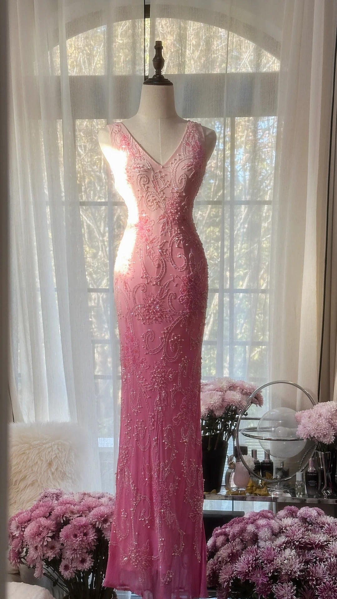 Gorgeous Gradient Pink Mermaid V Neck Chiffon Beading Long Prom Dresses Vintage Formal Evening Gowns ED02533