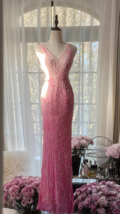 Gorgeous Gradient Pink Mermaid V Neck Chiffon Beading Long Prom Dresses Vintage Formal Evening Gowns ED02533