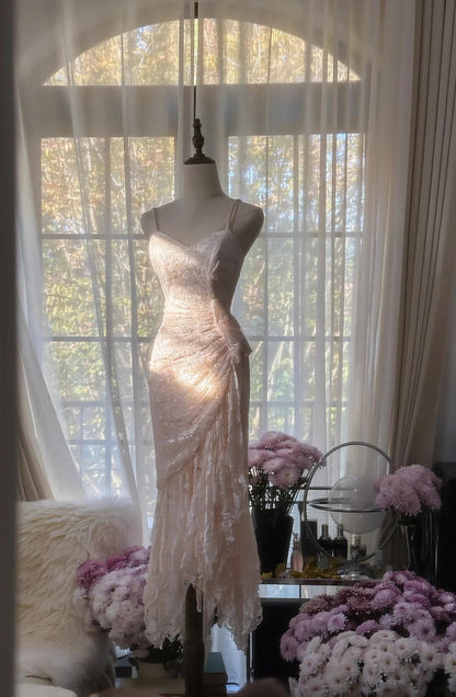 Sweet Tender Pink Spaghetti Straps Mermaid Lace Chiffon Prom Dresses Birthday Party Dresses ED02534