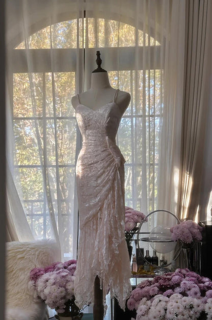 Sweet Tender Pink Spaghetti Straps Mermaid Lace Chiffon Prom Dresses Birthday Party Dresses ED02534