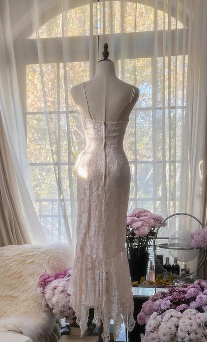 Sweet Tender Pink Spaghetti Straps Mermaid Lace Chiffon Prom Dresses Birthday Party Dresses ED02534