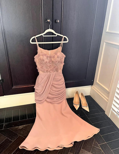 Gorgeous Spaghetti Straps Pink Satin Mermaid Appliques Prom Dresses Simple Evening Gowns ED02536