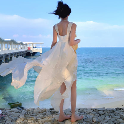 Fairytale White Square Neck A-Line Printed Chiffon Prom Dresses Sweet Birthday Party Dress ED02537