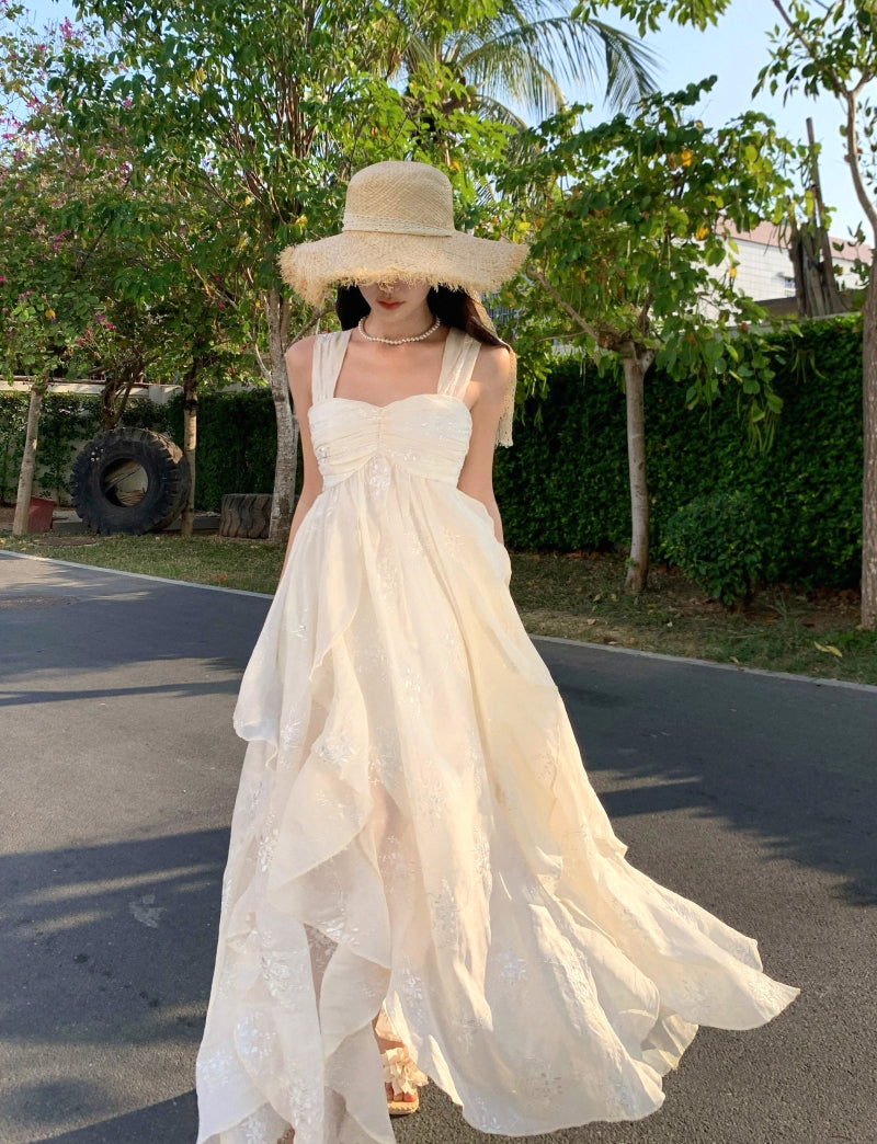 Fairytale White Square Neck A-Line Printed Chiffon Prom Dresses Sweet Birthday Party Dress ED02537