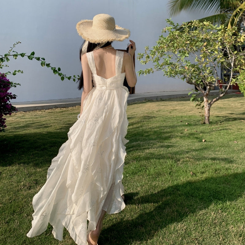 Fairytale White Square Neck A-Line Printed Chiffon Prom Dresses Sweet Birthday Party Dress ED02537