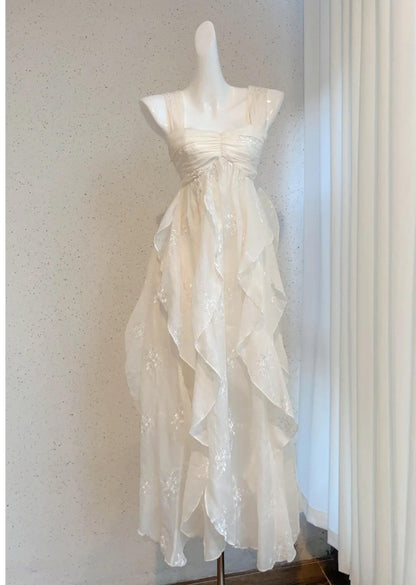 Fairytale White Square Neck A-Line Printed Chiffon Prom Dresses Sweet Birthday Party Dress ED02537