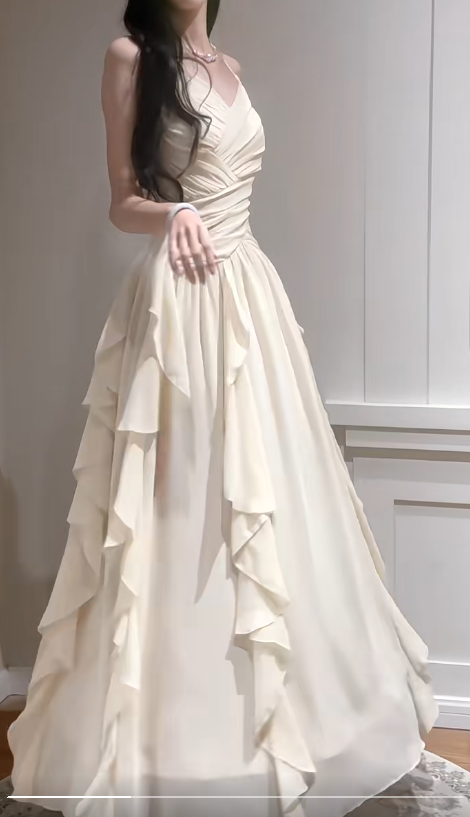 Elegant Apricot Spaghetti Straps A-Line Chiffon Long Prom Dresses  Birthday Evening Gowns ED02538