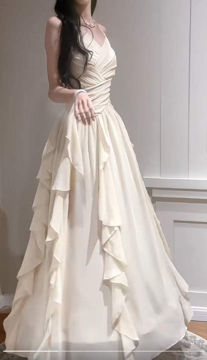 Elegant Apricot Spaghetti Straps A-Line Chiffon Long Prom Dresses  Birthday Evening Gowns ED02538