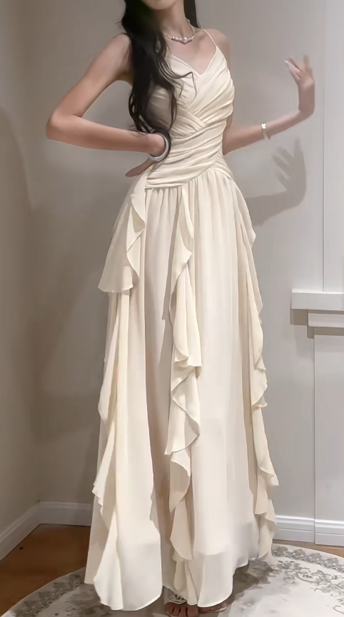 Elegant Apricot Spaghetti Straps A-Line Chiffon Long Prom Dresses  Birthday Evening Gowns ED02538