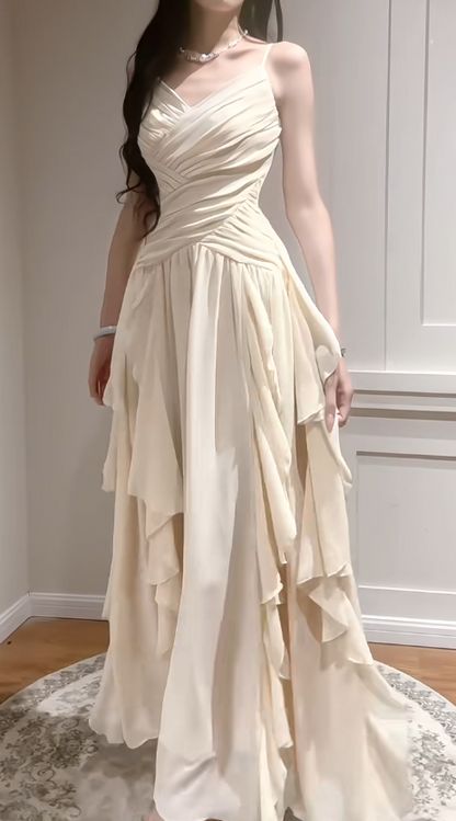 Elegant Apricot Spaghetti Straps A-Line Chiffon Long Prom Dresses  Birthday Evening Gowns ED02538