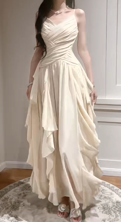 Elegant Apricot Spaghetti Straps A-Line Chiffon Long Prom Dresses  Birthday Evening Gowns ED02538