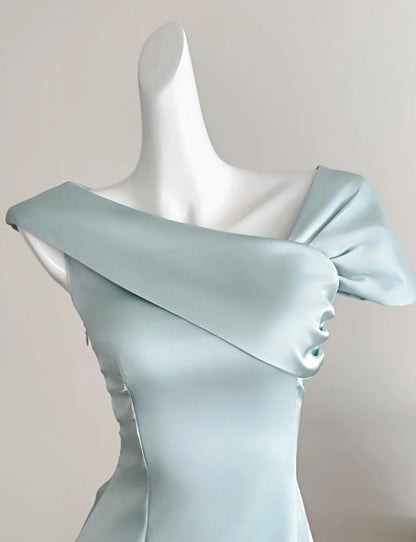 Sweet Tiffany Blue Asymmetric Neck Chiffon A-Line Party Dress  ED02541