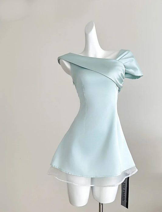Sweet Tiffany Blue Asymmetric Neck Chiffon A-Line Party Dress  ED02541