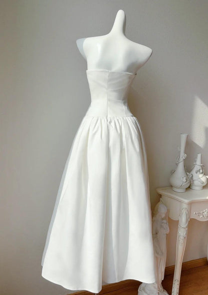 Simple White Strapless A-Line Birthday Party Dress Satin Prom Dresses  ED02543