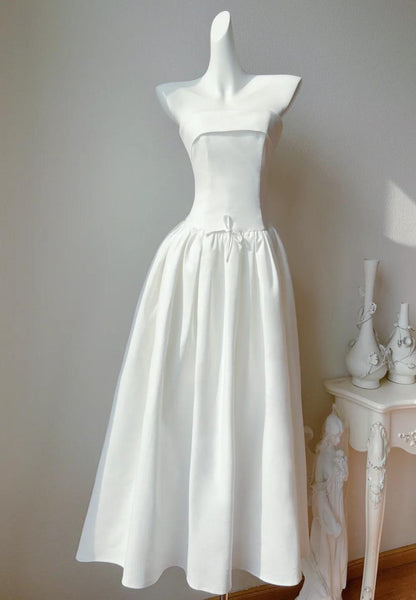 Simple White Strapless A-Line Birthday Party Dress Satin Prom Dresses  ED02543