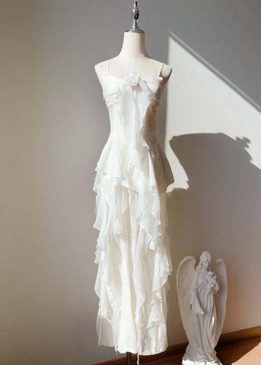 Sweet White Spaghetti Straps Chiffon A-Line Prom Dresses Birthday Evening Gowns  ED02545