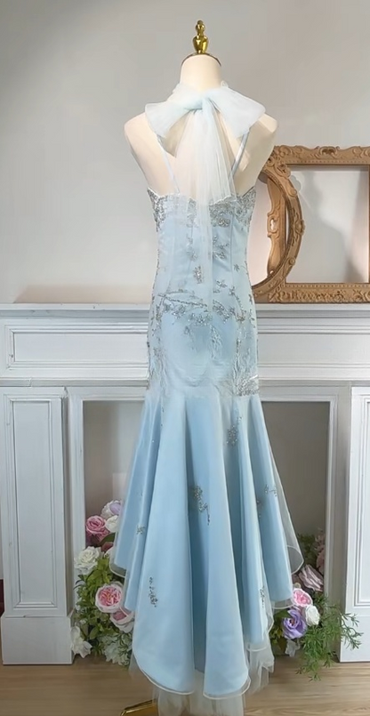 Sweet Blue Spaghetti Straps Tulle Mermaid Satin Sequin Prom Dresses Retro Birthday Evening Gowns ED02547