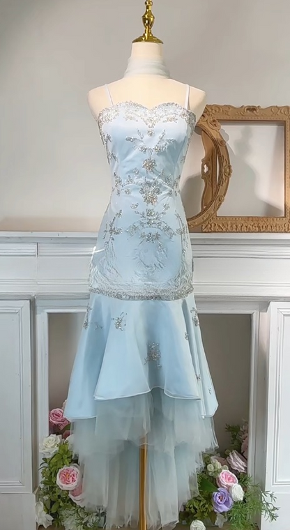 Sweet Blue Spaghetti Straps Tulle Mermaid Satin Sequin Prom Dresses Retro Birthday Evening Gowns ED02547