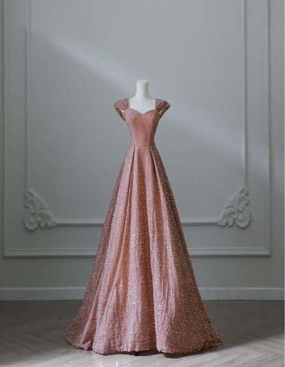 Sweet Pink Sweetheart Neck A-Line Sequin Long Prom Dresses Formal Evening Gowns ED02548