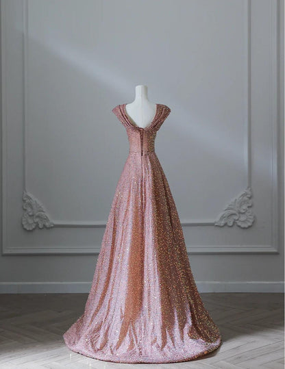 Sweet Pink Sweetheart Neck A-Line Sequin Long Prom Dresses Formal Evening Gowns ED02548