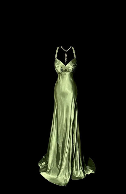 Elegant Green V-neck Satin Mermaid Long Prom Dresses Vintage Beaded Evening Dress ED02549
