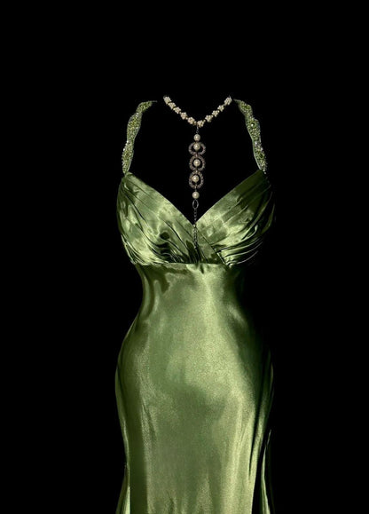 Elegant Green V-neck Satin Mermaid Long Prom Dresses Vintage Beaded Evening Dress ED02549