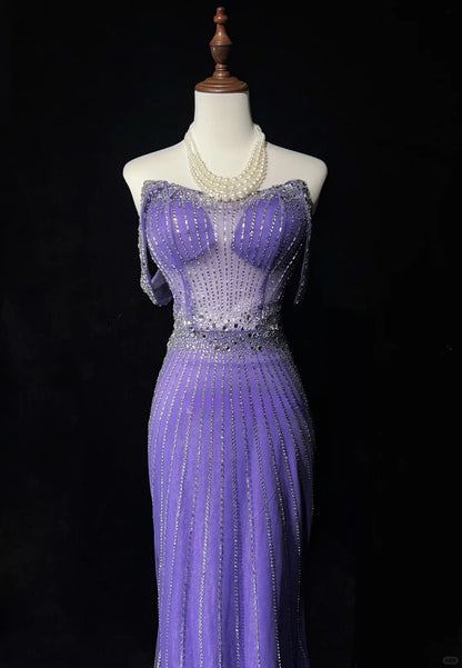 Gorgeous Purple Off Shoulder Mermaid Tulle Rhinestone Long Prom Dresses Formal Evening Gowns ED02552