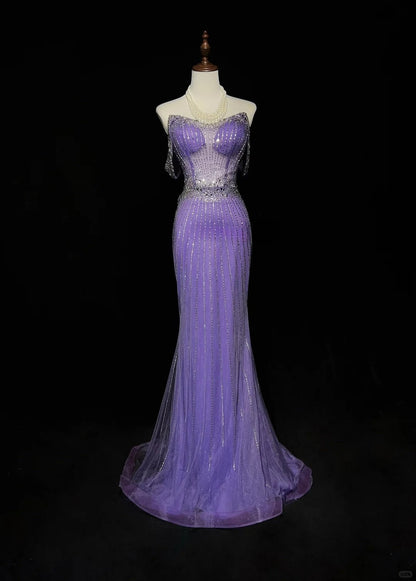 Gorgeous Purple Off Shoulder Mermaid Tulle Rhinestone Long Prom Dresses Formal Evening Gowns ED02552
