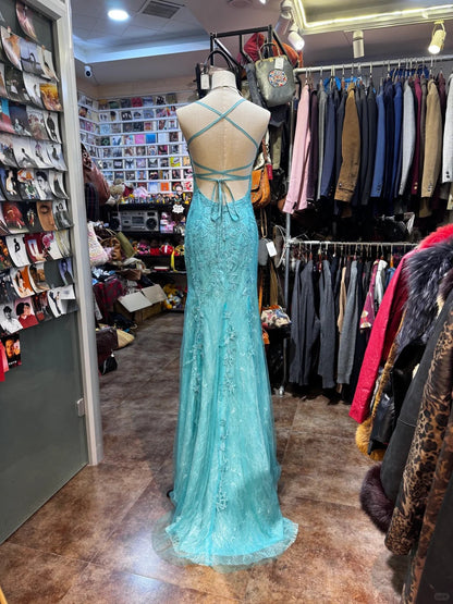 Gorgeous Turquoise Square Neck Mermaid Tulle Applique Long Prom Dresses Backless Formal Evening Gowns ED02554
