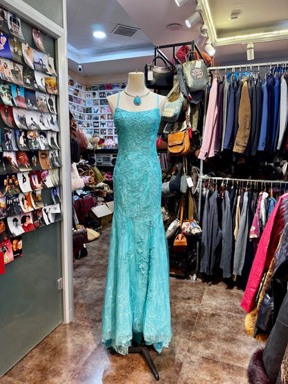 Gorgeous Turquoise Square Neck Mermaid Tulle Applique Long Prom Dresses Backless Formal Evening Gowns ED02554