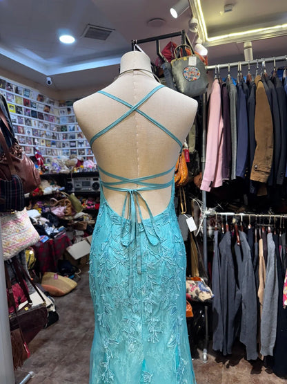 Gorgeous Turquoise Square Neck Mermaid Tulle Applique Long Prom Dresses Backless Formal Evening Gowns ED02554