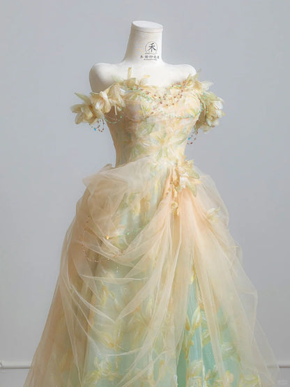 Fairytale Off-the-shoulder A-Line Tulle Applique Long Prom Dresses Sweet Birthday Evening Gowns ED02555