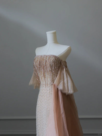 Stunning Light Champagne Strapless A-Line Tulle Beading Long Prom Dresses Formal Evening Gowns ED02556