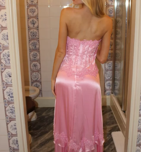 Sweet Pink Strapless Sheath Satin Lace Applique Prom Dresses Fashion Bridesmaid Dresses ED02557