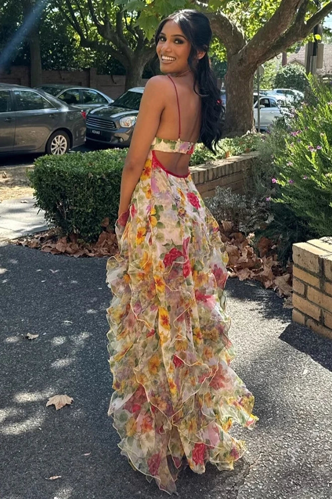 Gorgeous Blue Spaghetti Strap Party Dress Printed Chiffon A-Line Evening Gowns ED02558