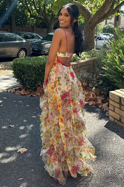 Gorgeous Blue Spaghetti Strap Party Dress Printed Chiffon A-Line Evening Gowns ED02558