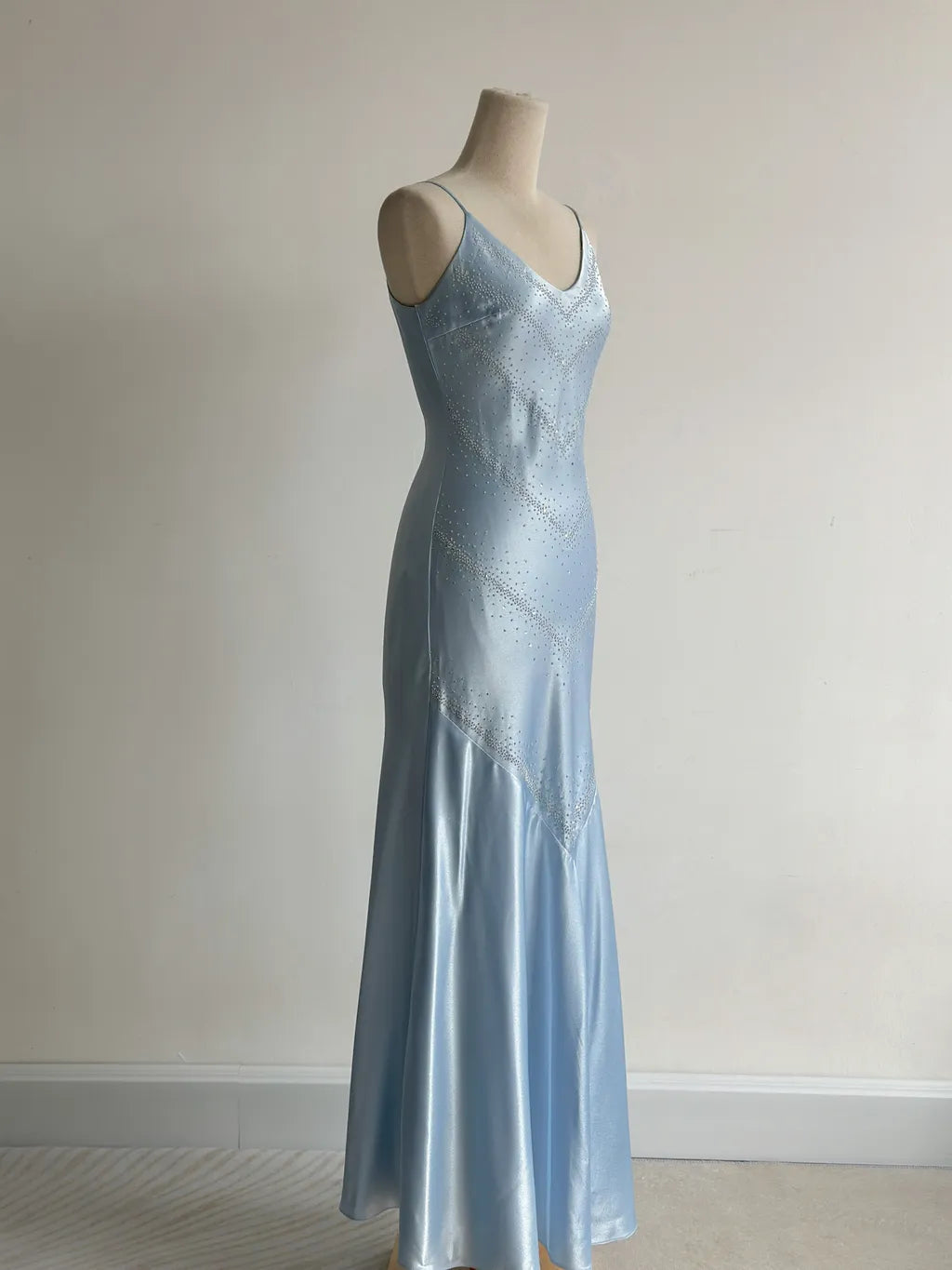 Simple Grey Blue Spaghetti Straps Mermaid Satin Beading Party Dress ED02559