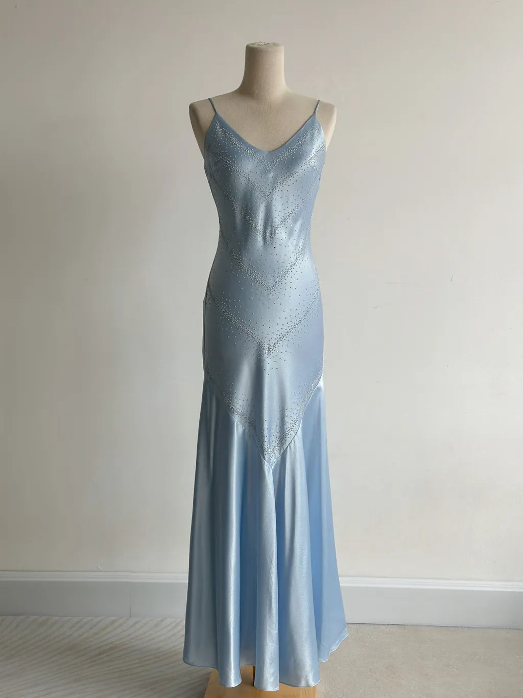 Simple Grey Blue Spaghetti Straps Mermaid Satin Beading Party Dress ED02559