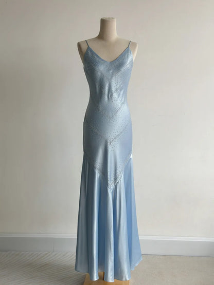 Simple Grey Blue Spaghetti Straps Mermaid Satin Beading Party Dress ED02559