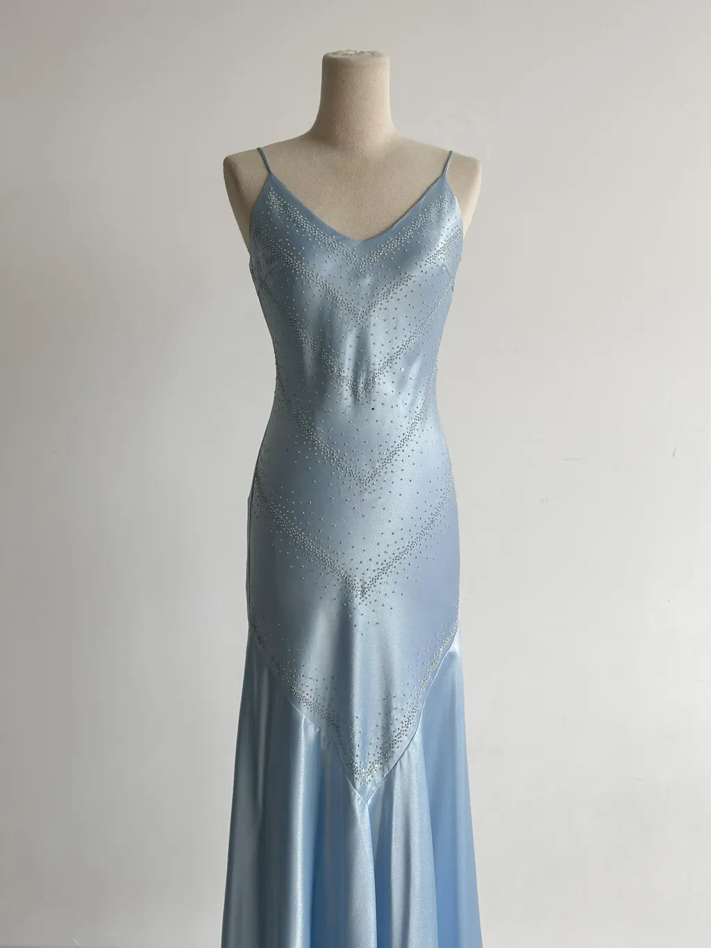 Simple Grey Blue Spaghetti Straps Mermaid Satin Beading Party Dress ED02559