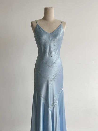 Simple Grey Blue Spaghetti Straps Mermaid Satin Beading Party Dress ED02559