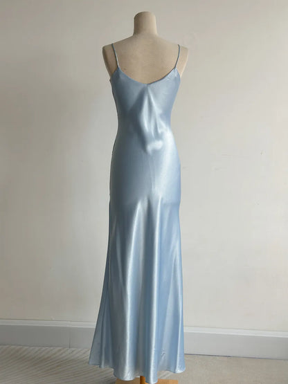 Simple Grey Blue Spaghetti Straps Mermaid Satin Beading Party Dress ED02559