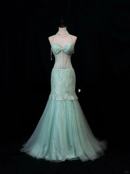Elegant Tiffany Blue Sweetheart Neck Mermaid Tulle Long Prom Dresses Formal Evening Gowns with Lace Appliques ED02563